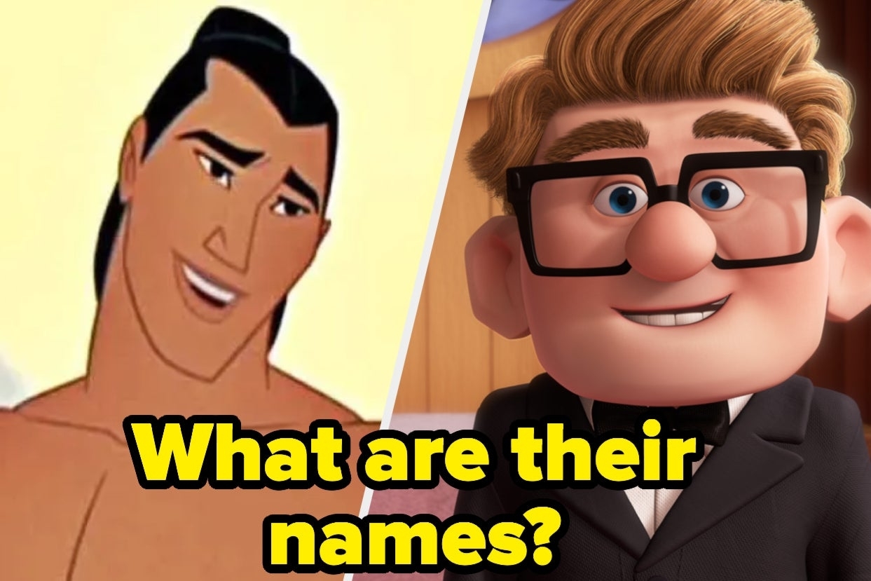 Animated characters Li Shang from &quot;Mulan&quot; and Carl Fredricksen from &quot;Up&quot; side by side with text asking for their names
