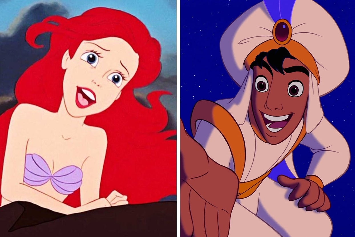 Ariel from The Little Mermaid and Aladdin from Aladdin animated, split screen. Ariel on the left, Aladdin on the right