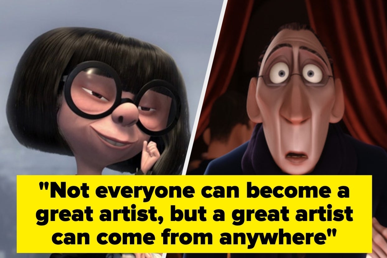 Edna Mode and Anton Ego from Pixar&#x27;s animation appear beside a quote about artists