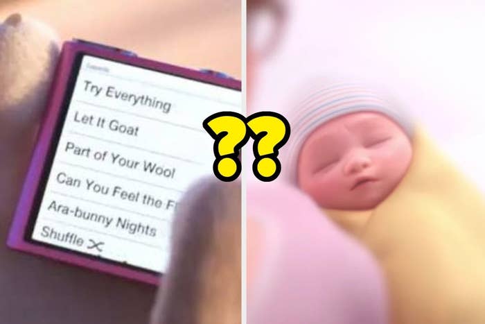 Close-up of a media player with pun-filled song titles and a swaddled baby, possibly from an animated film