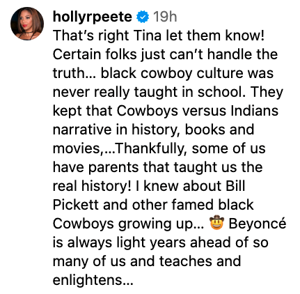 Instagram post by user hollypriete commenting on cultural representation, referencing Tina, cowboys, Indians, history, and praising Beyoncé