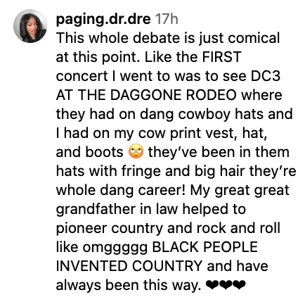 Text summary: User expresses humorous disbelief about cowboy hats and boots at a DC3 concert, considers it a nod to Black people&#x27;s impact on country music