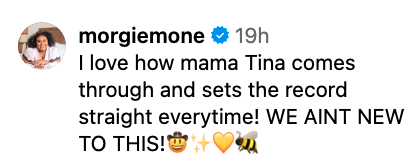 The image features a social media post with text expressing admiration for &quot;mama Tina&quot; and their consistent reliability