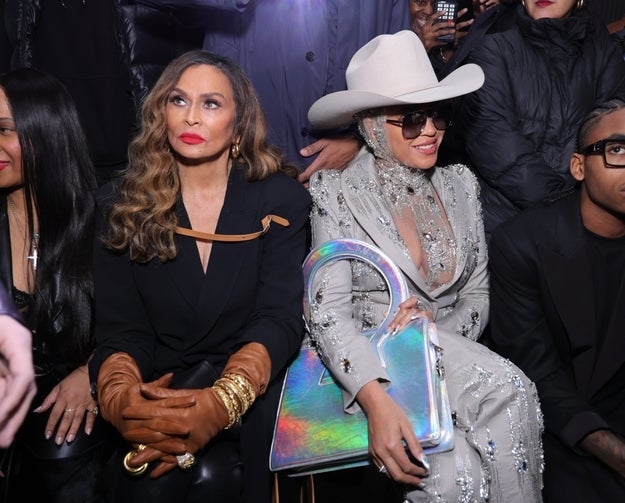 Closeup of Tina Knowles and Beyoncé at an event