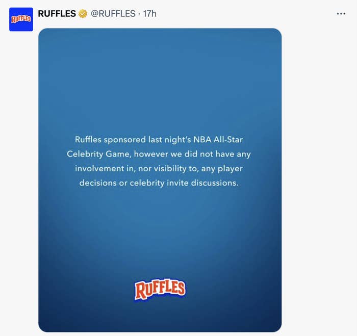 Ruffles statement on Twitter: Sponsored NBA All-Star Game; no role in visibility, decisions, or invites