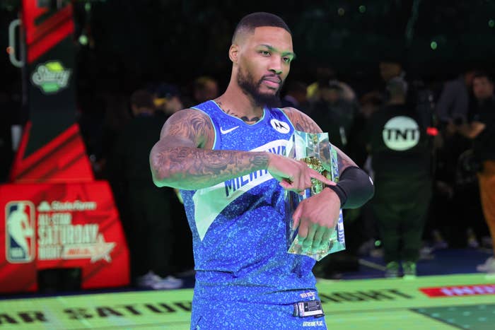 Damian Lillard #0 of the Milwaukee Bucks celebrates after winning the 2024 Starry 3-Point Contest during the State Farm All-Star Saturday Night at Lucas Oil Stadium on February 17, 2024