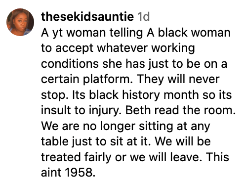 The image shows an Instagram comment criticizing someone for their actions during Black History Month