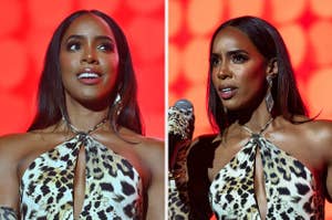 A closeup of Kelly Rowland vs Kelly Rowland looks puzzled as she looks out at a crowd from the stage
