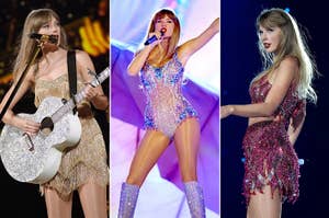 Taylor Swift in Fearless, Lover, and 1989 eras in The Eras Tour.