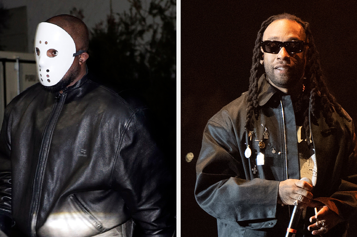 Two separate images: Left shows Kanye West in a hockey mask and jacket, right shows Ty Dolla Sign onstage with sunglasses and dreadlocks