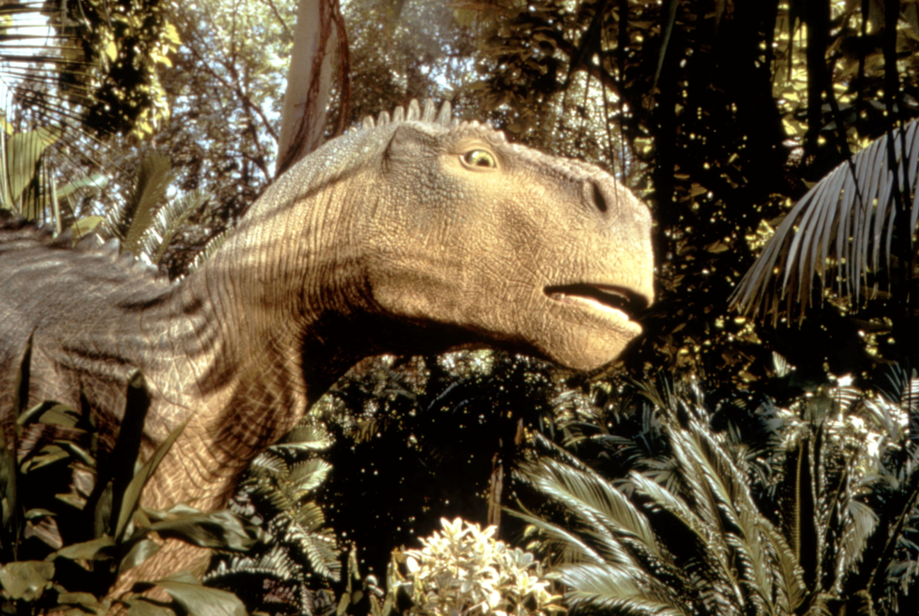 A CGI dinosaur from the movie Dinosaur is shown among dense jungle foliage