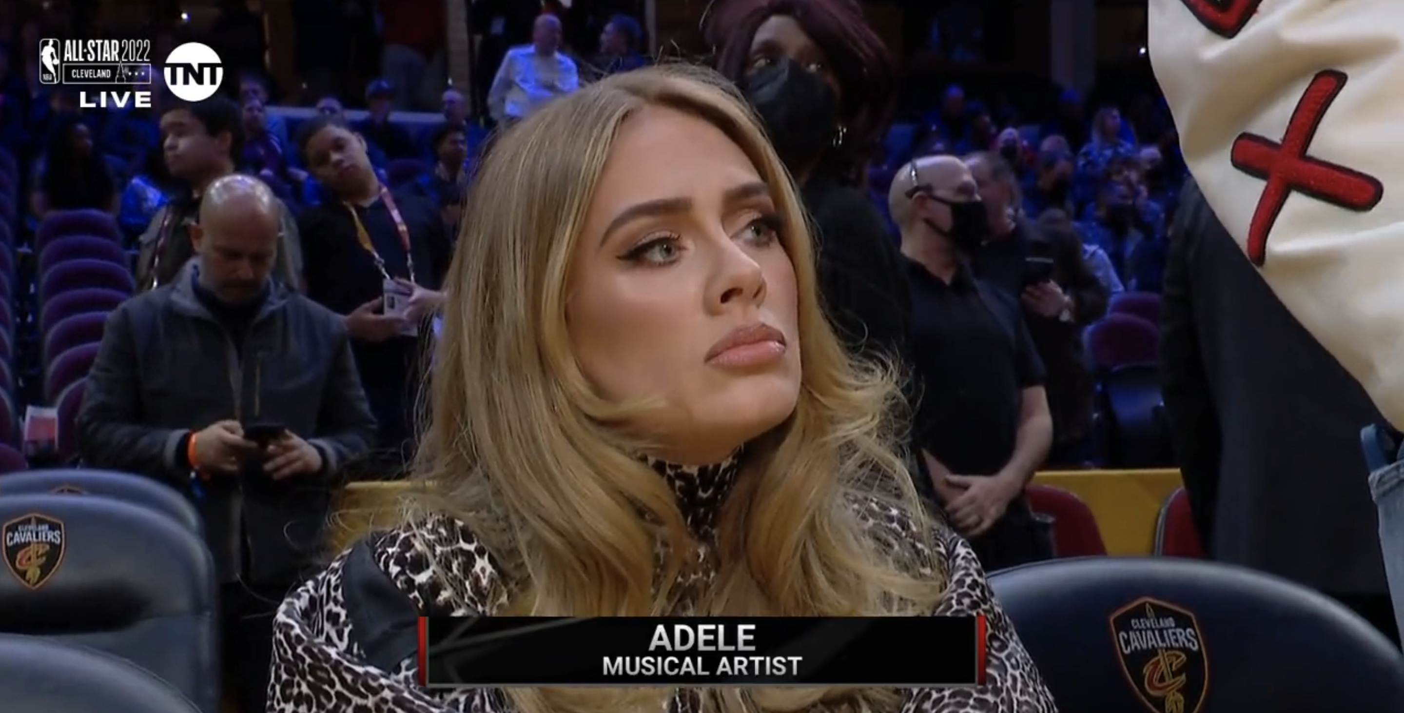 Adele seated at a sports event, looking to the side, wearing a patterned top