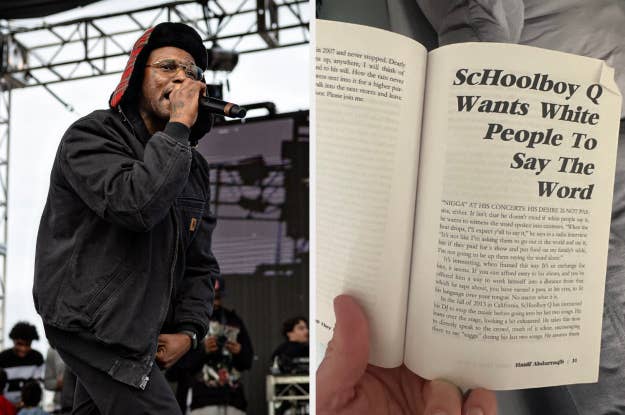 A rapper performing on stage and a book page with a title about Schoolboy Q and an article on racial language
