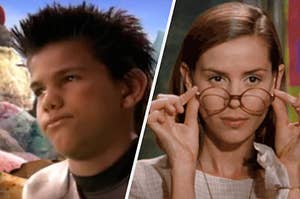 On the left, Taylor Lautner as Sharkboy in "The Adventures of Sharkboy and Lavagirl," and on the right, Embeth Davidtz as Miss Honey in "Matilda"