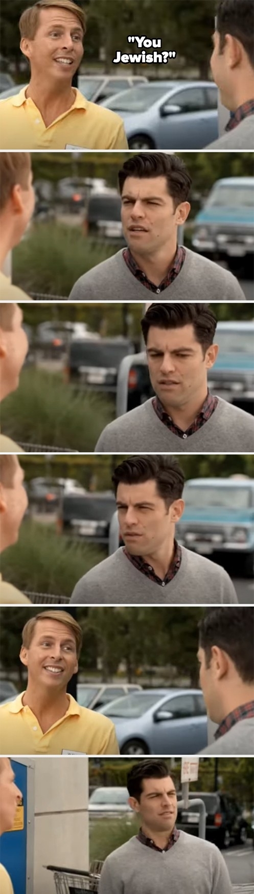 man on new girl asks schmidt if he&#x27;s jewish and schmidt makes a series of confused faces