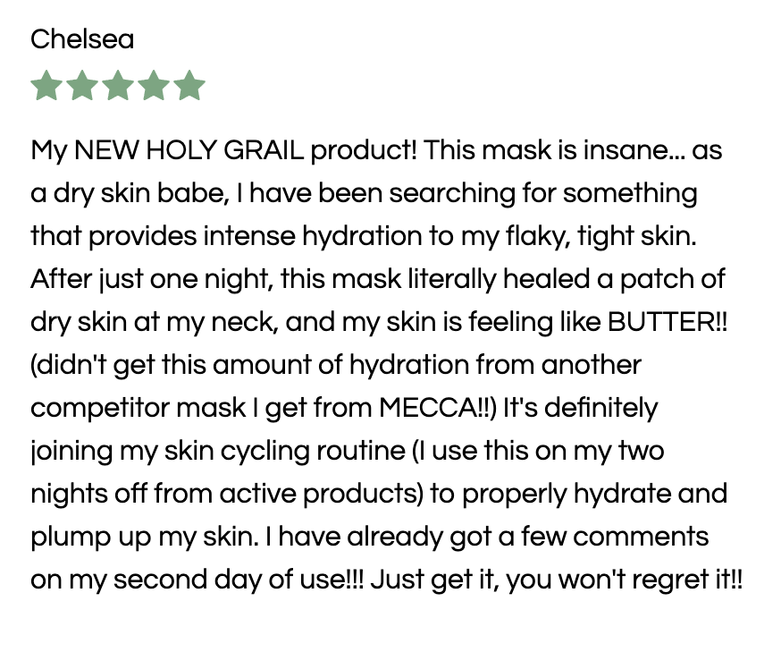 Review of a hydrating face mask, with the user reporting improved skin texture and recommending the product enthusiastically