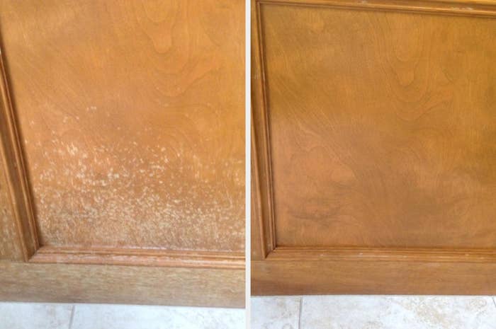 before: a second of wood paneling with water damage; After: the same section of wood, with the water damage barely visible