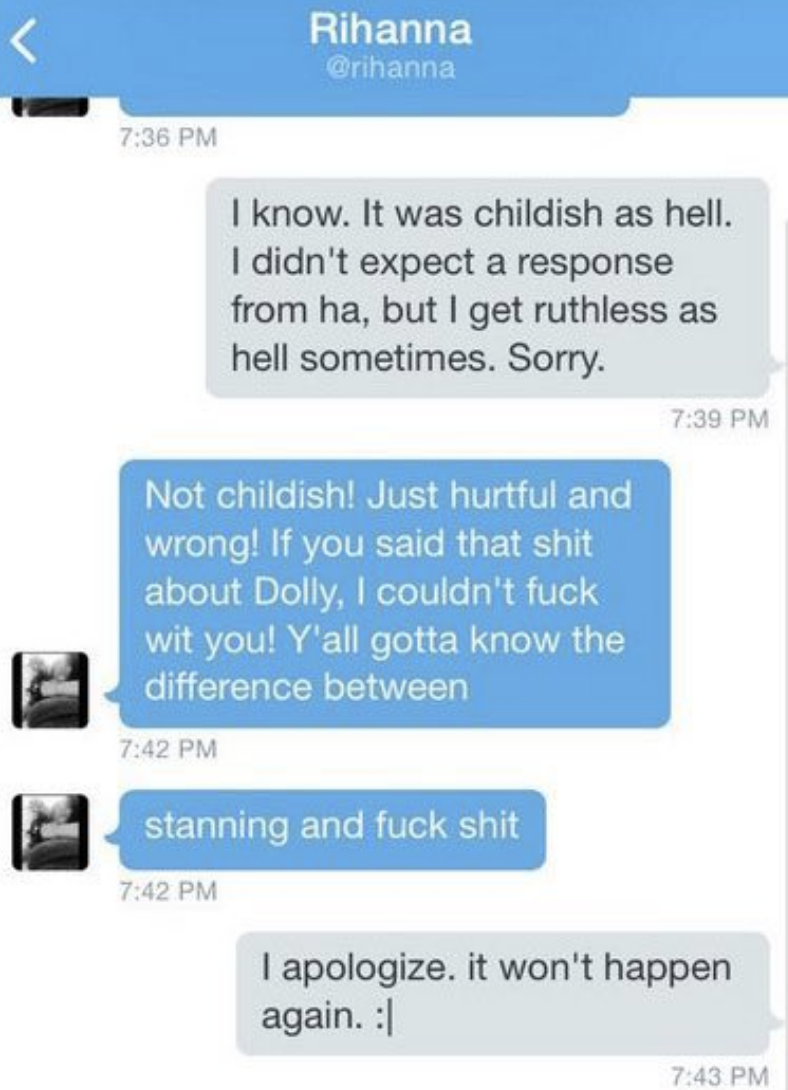 Screenshot of messages between Rihanna and a fan