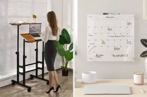 on left: model working on laptop while standing next to standing desk. on right: white dry erase calendar