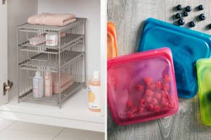 under sink organizer and reusable silicone bags