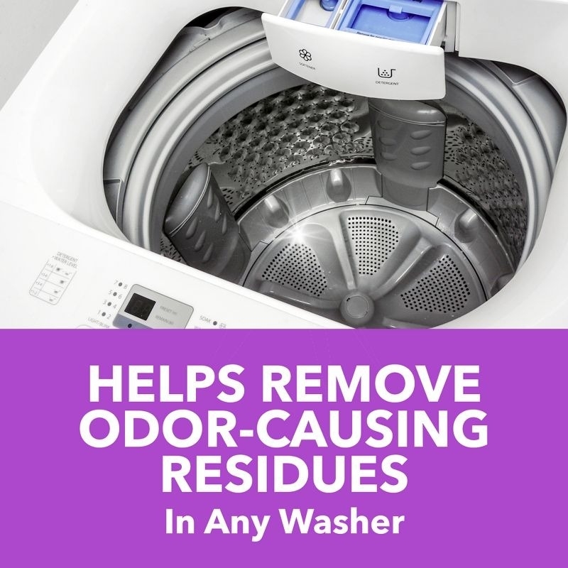 A washing machine. Text reads helps remoce odor-causing residues in any washer