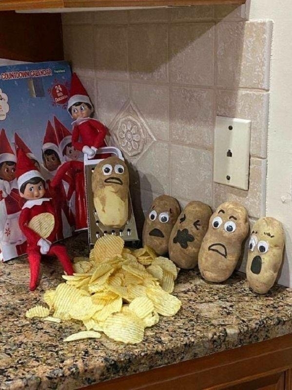 elf is shaving potatoes and there&#x27;s potato chips