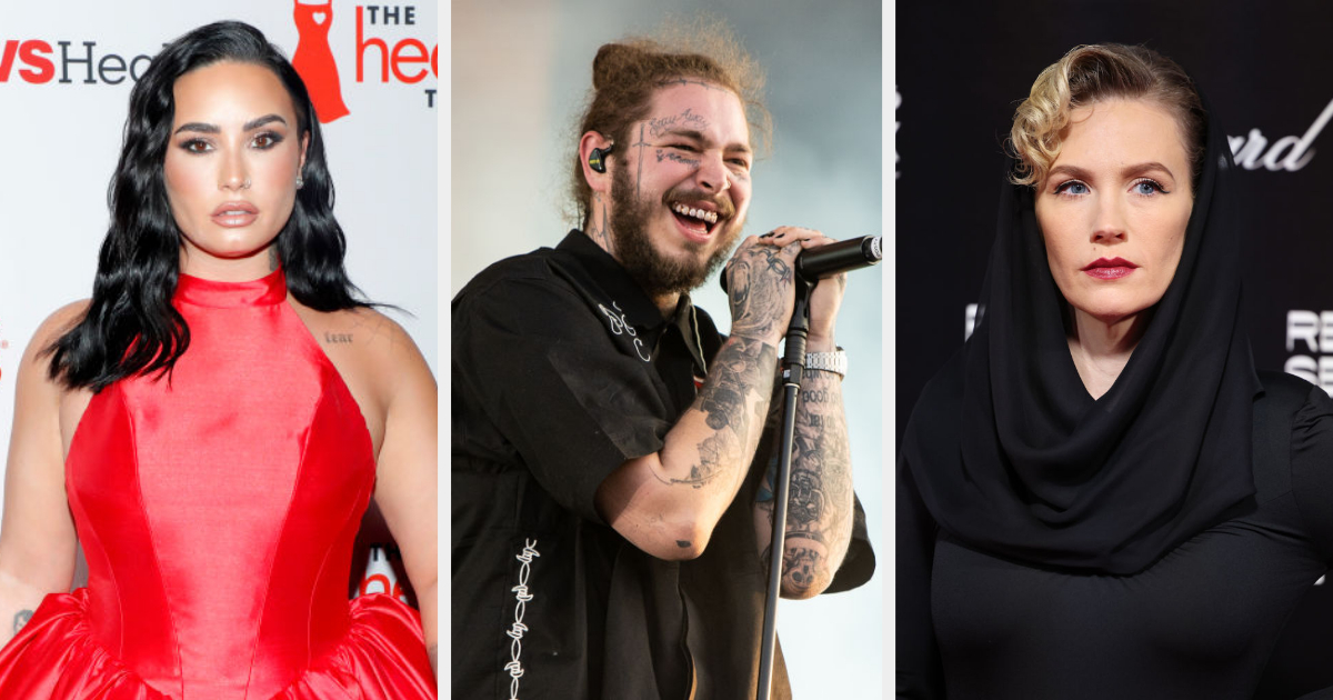 Side-by-side of Demi Lovato, Post Malone, and January Jones