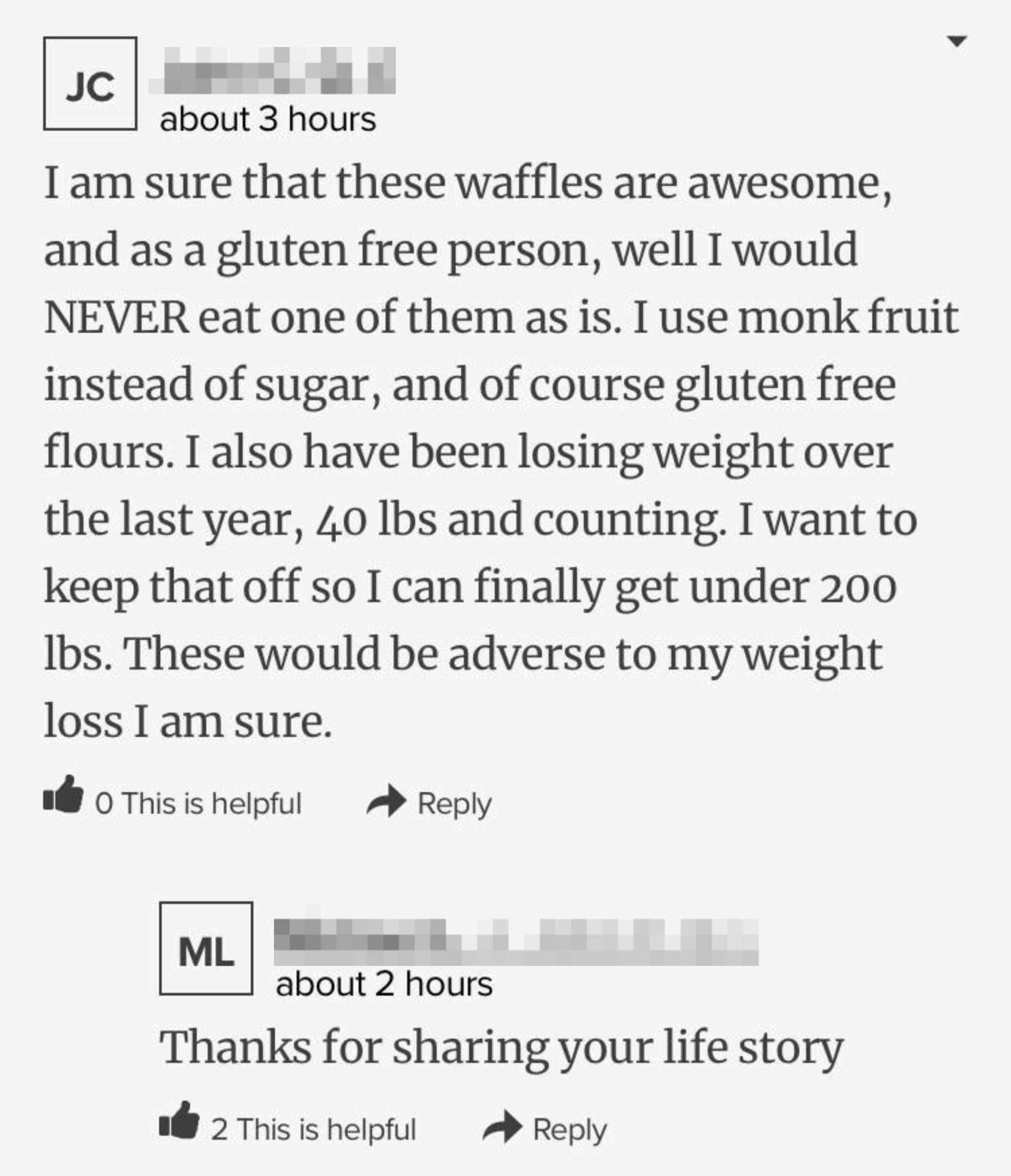 A wordy review of a waffle recipe where someone says they would never make the recipe since they are gluten-free and on a weight loss journey