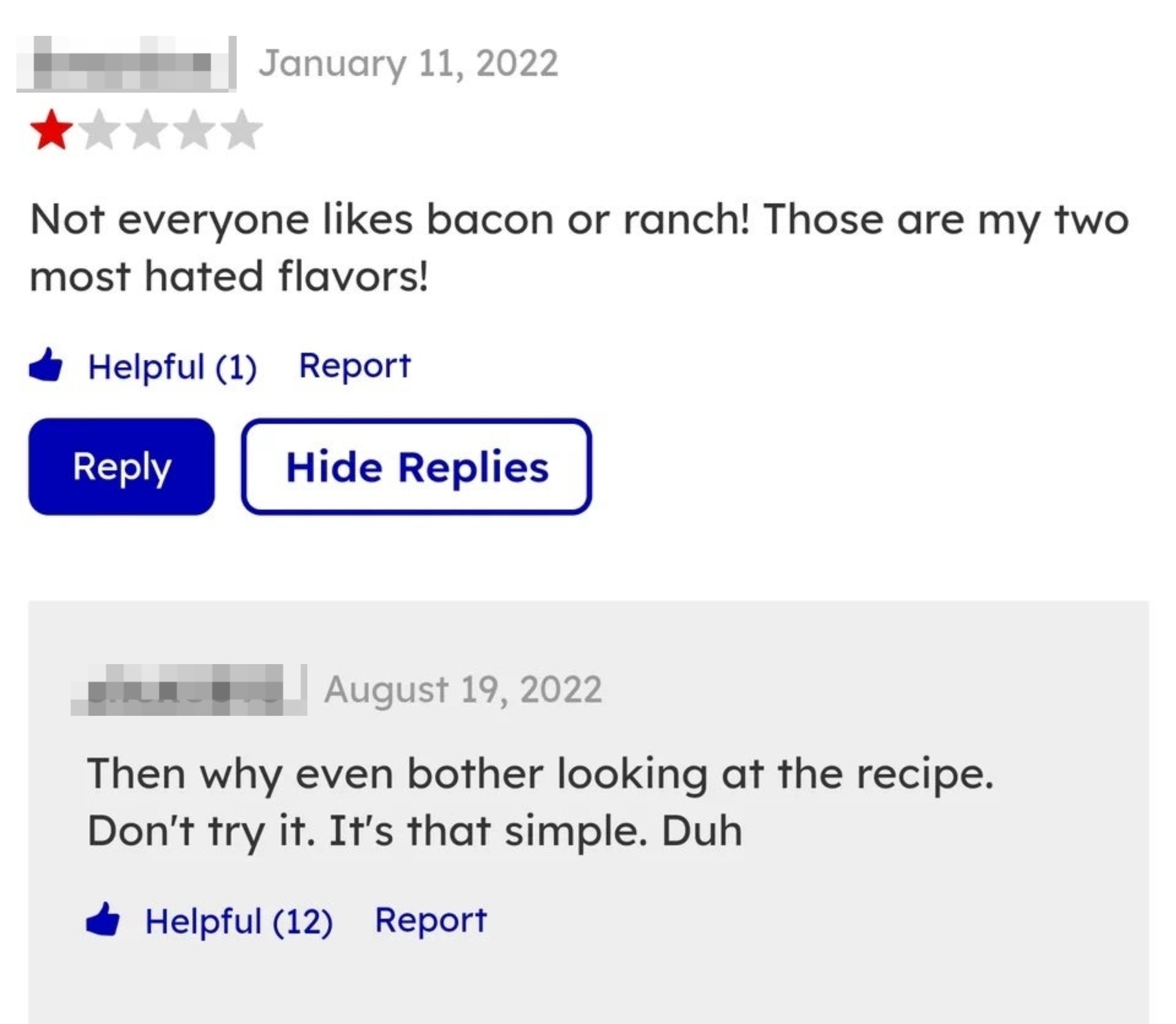 A 1-star review from someone that reads, &quot;Not everyone likes bacon or ranch! Those are my two most hated flavors&quot;
