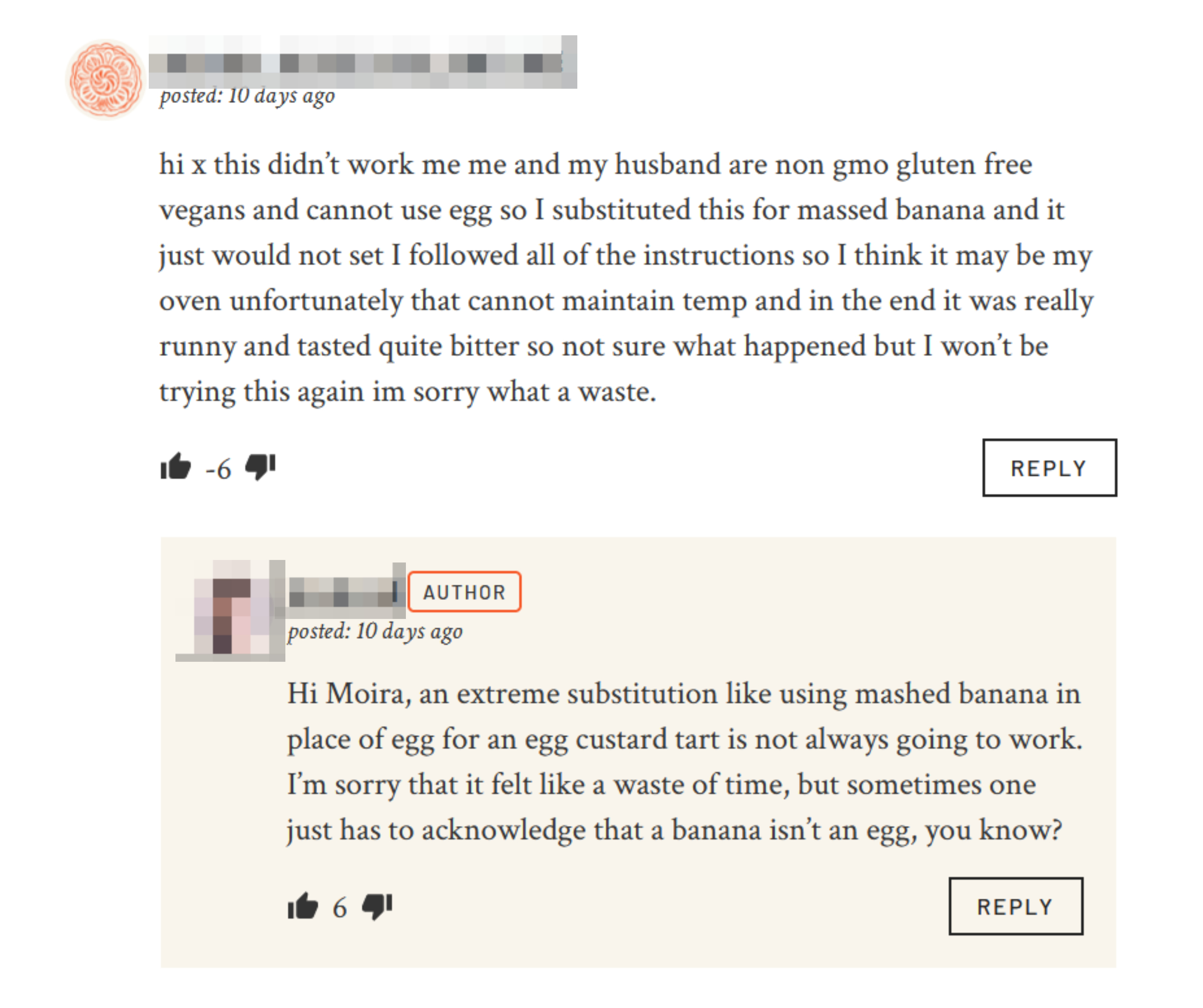 A review of an egg custard tart recipe from someone who is vegan, gluten-free, and non-GMO, so they replaced eggs with banana and are surprised it didn&#x27;t come out well because it wouldn&#x27;t &quot;set&quot;