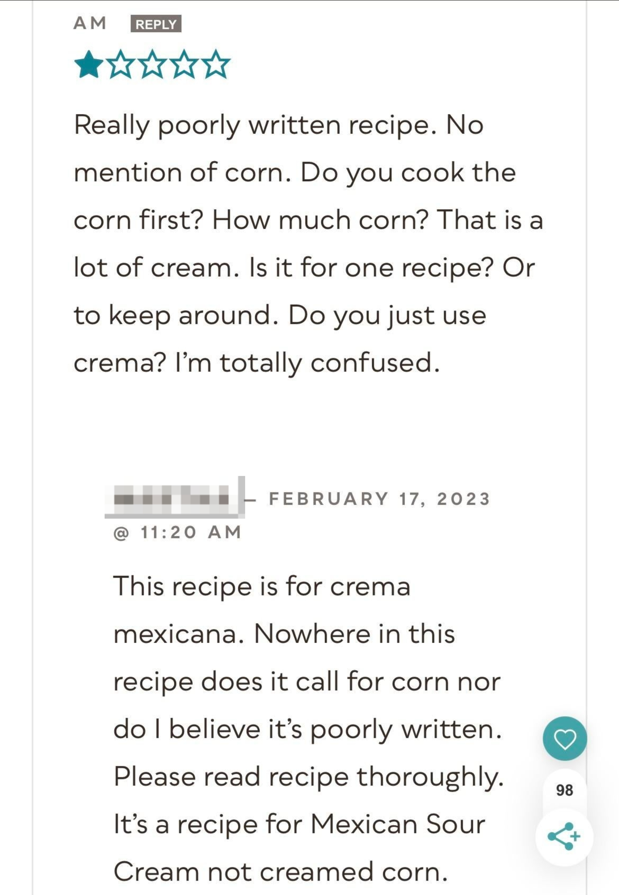 Someone giving a 1-star review of a Mexican crema/sour cream recipe because they mistakenly thought it was a creamed corn recipe