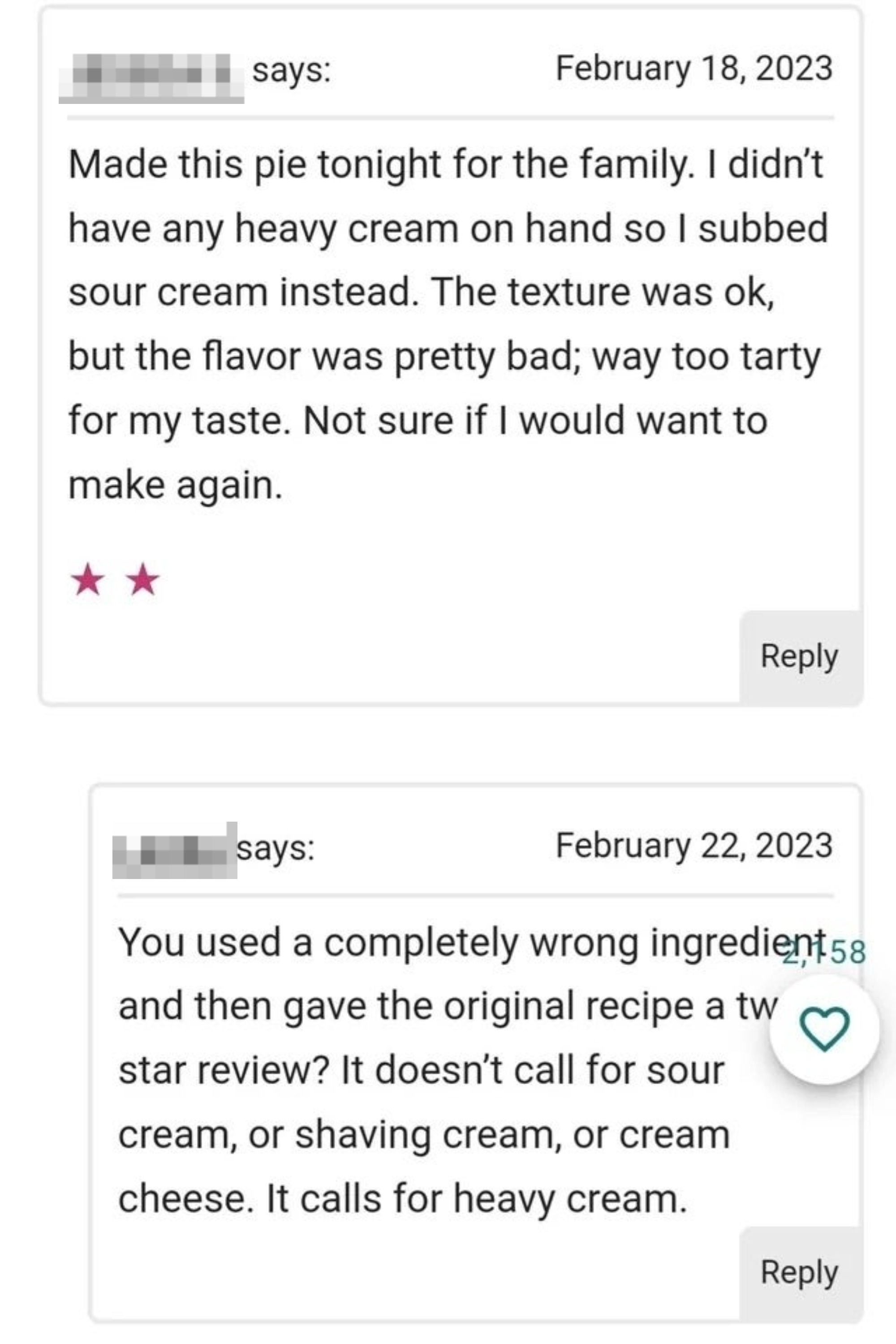 A 2-star recipe review for a pie where the review mentions they used sour cream instead of heavy cream and complained about the flavor