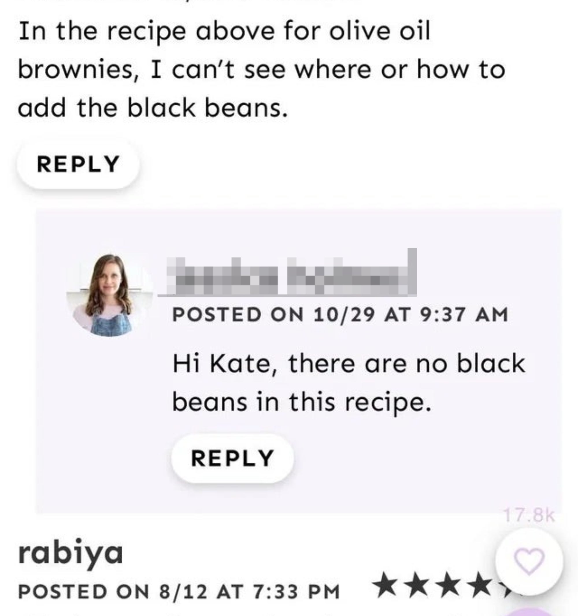 A recipe reviewer asking where and when to add the black beans in a brownie recipe