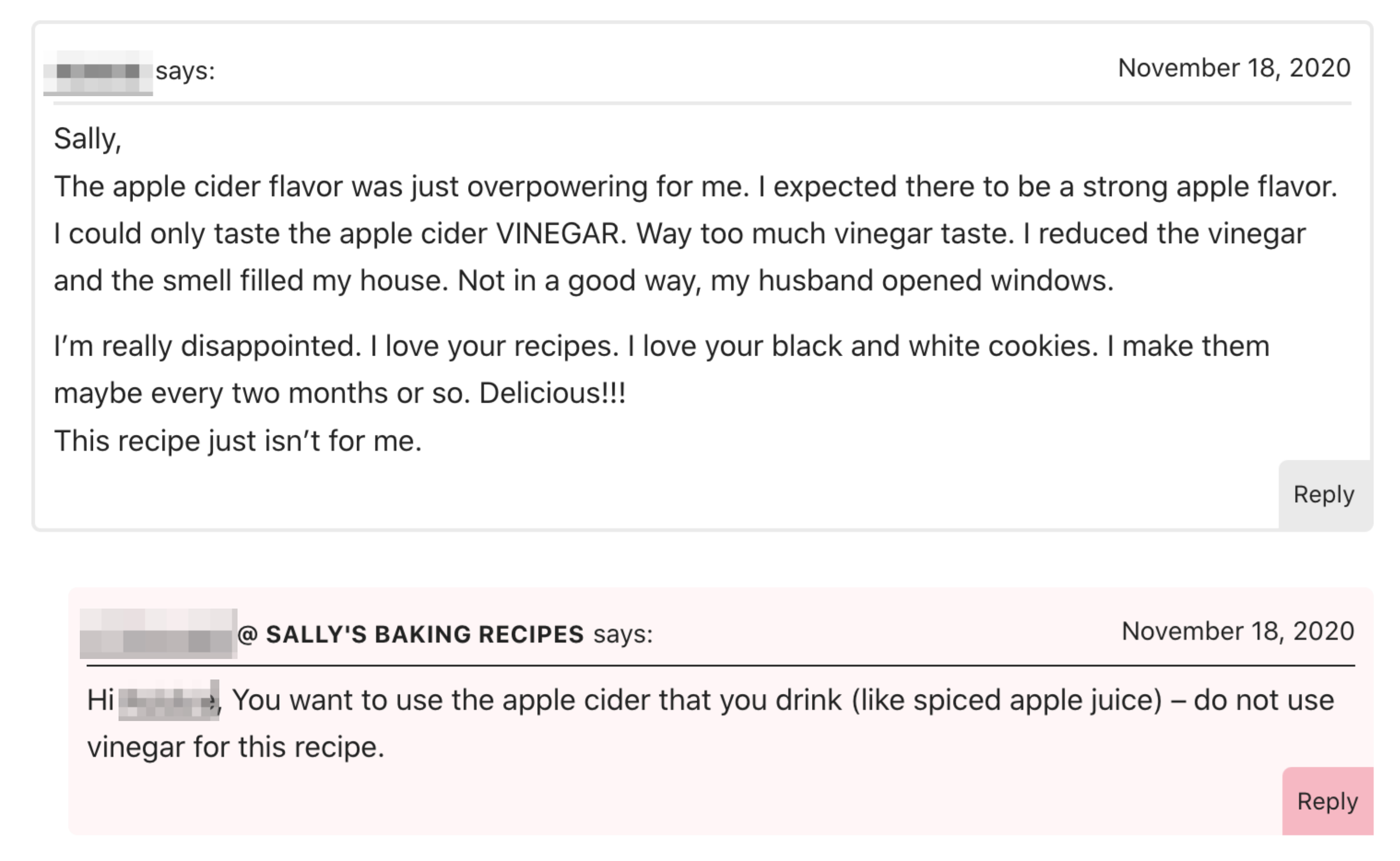 A negative review from someone who accidentally used apple cider vinegar rather than apple cider in a recipe
