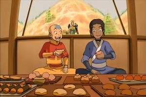 Aang and Karara eating together.