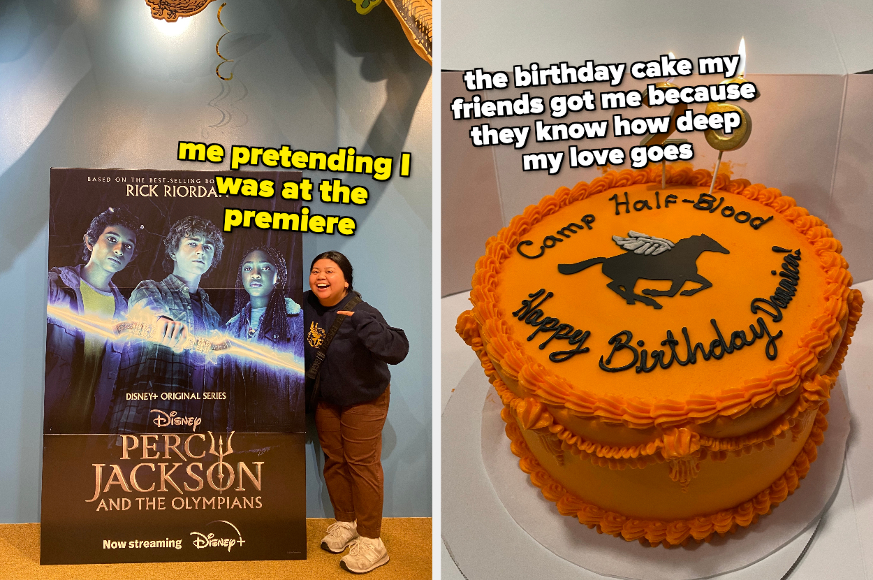 The author is posing with a &quot;PJO&quot; show poster and is showing off her Camp Half-Blood birthday cake