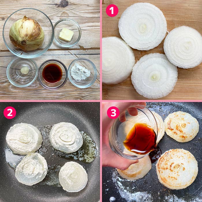 たまねぎを使った料理の作り方を示す４枚の画像。