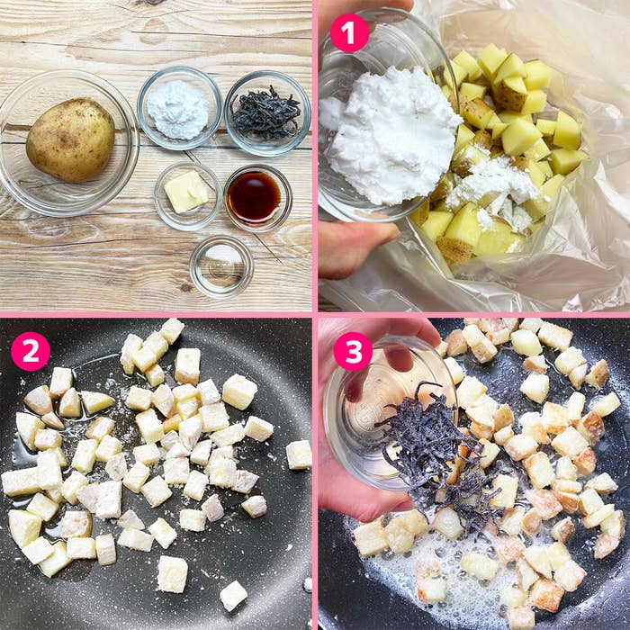 料理の手順を示す４枚の画像。各ステップで食材の準備から調理までが写されている。