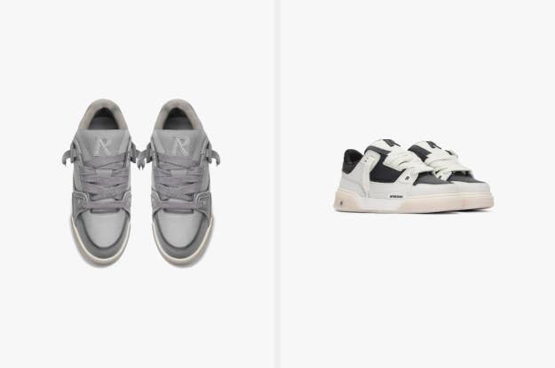 Two pairs of stylish sneakers, one with a low-top design, the other with hook-and-loop straps