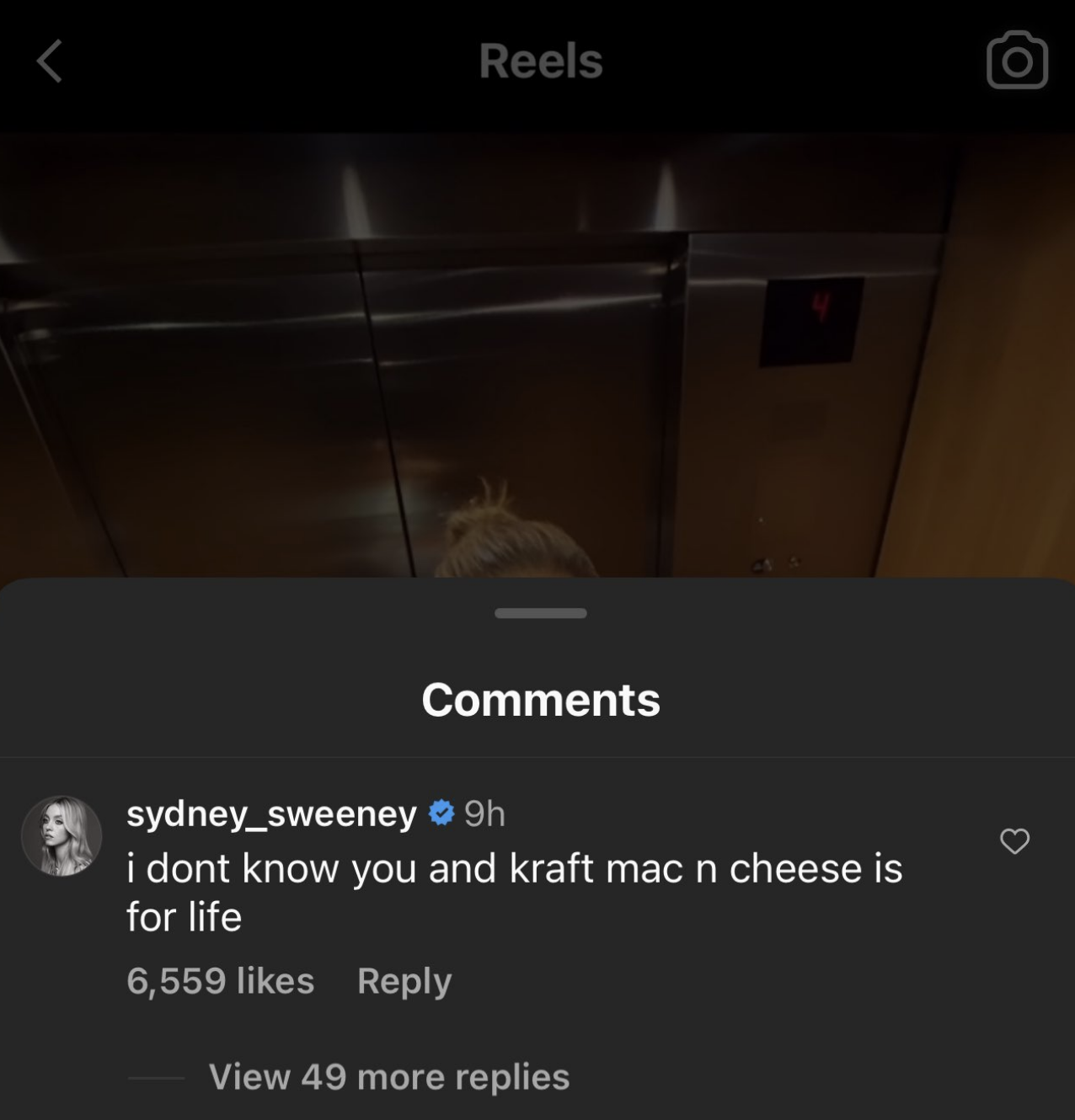 Top of a person&#x27;s head seen from behind in an elevator; a comment by sydney_sweeney reads, &quot;i dont know you and kraft mac n cheese is life.&quot;