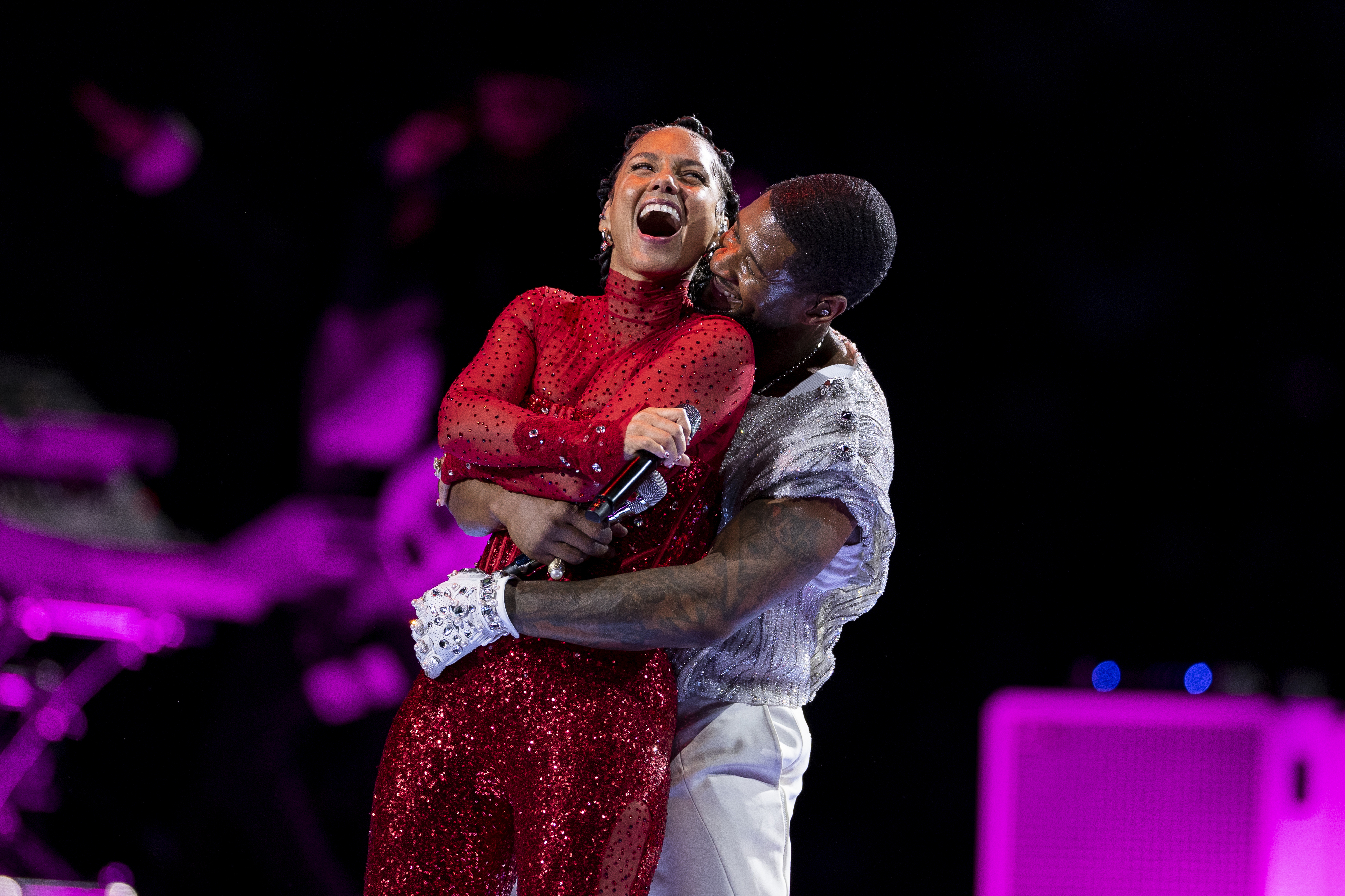 Alicia Keys and Usher onstage at the Super Bowl