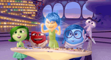Animated characters Joy, Anger, Disgust, Sadness, and Fear from Pixar&#x27;s Inside Out around a control panel