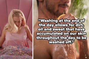 margot robbie as barbie in a bed, a man showering