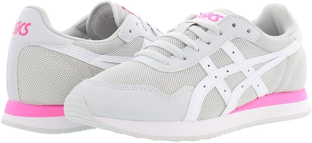 white and pink Asics sneakers