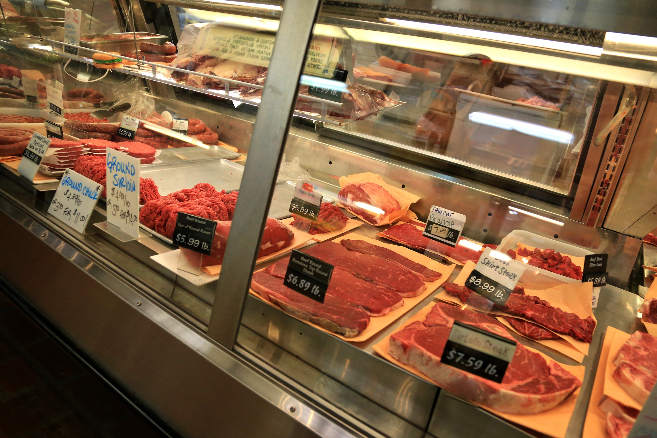 Meat counter displaying various cuts with price tags in a refrigerator case at a store