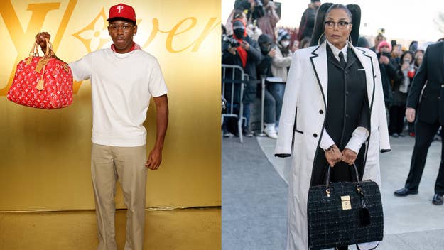 Tyler and Janet pose separately with designer bags, one in a casual t-shirt and cap, the other in a formal coat, at a fashion event