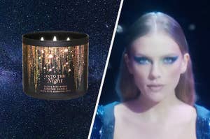 Into the Night Bath & Body Works Candle and Taylor Swift in "Bejeweled" music video.