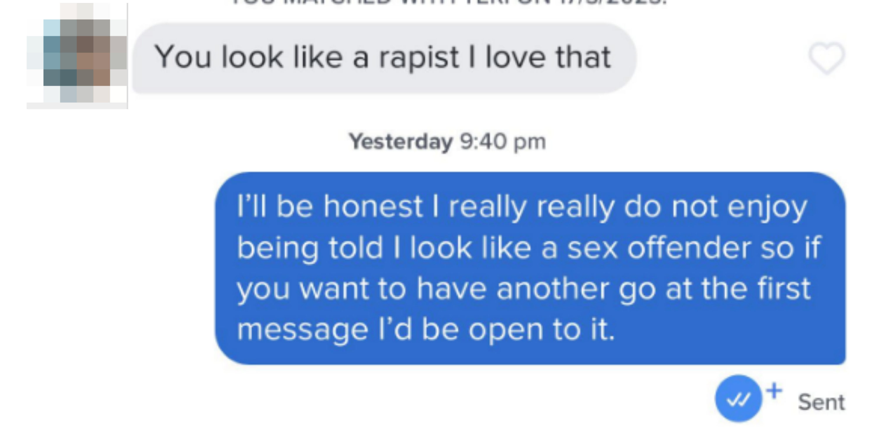 &quot;you look like a rapist i love that&quot; with reply saying they didn&#x27;t enjoy the comment