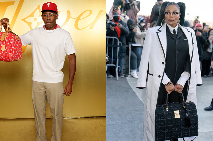 Two individuals pose separately with designer bags, one in a casual t-shirt and cap, the other in a formal coat, at a fashion event