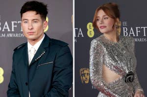 A closeup of Barry Keoghan vs Bryce Dallas Howard poses on the red carpet